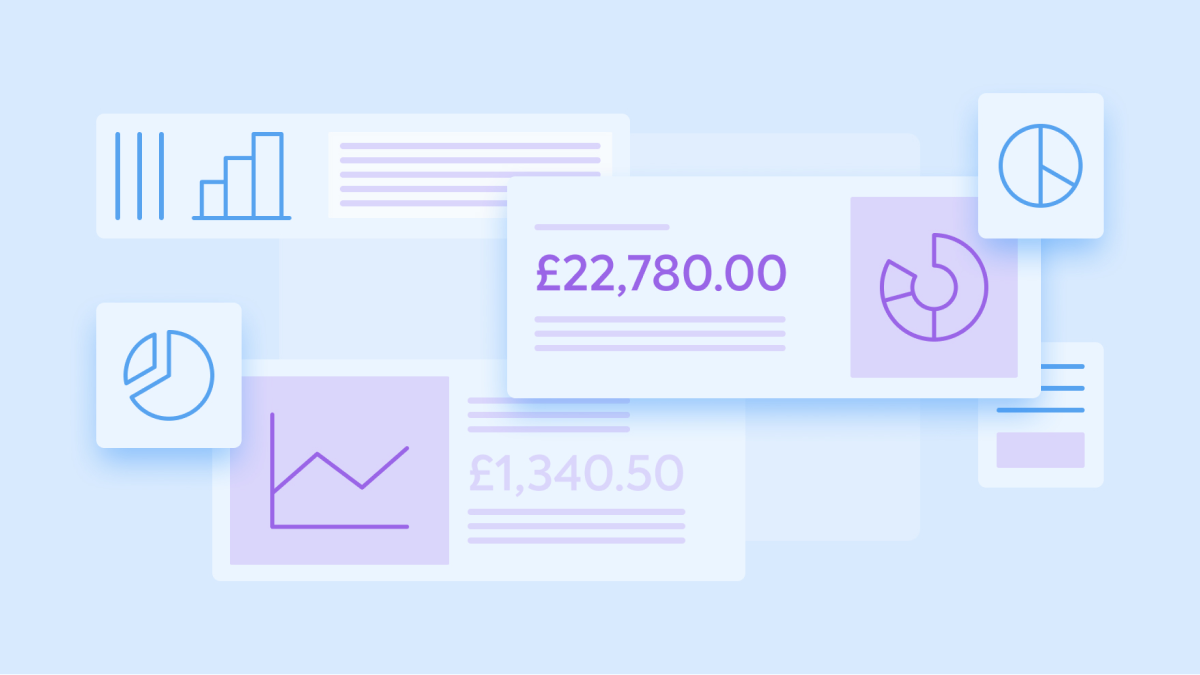 Decorative image of schematic graphs, charts, and amounts that represent insights into spend Codat's solution provides